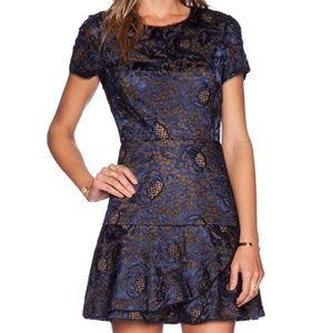 👗 BCBG Metallic Dark Blue Navy Lace Dress on Nude
